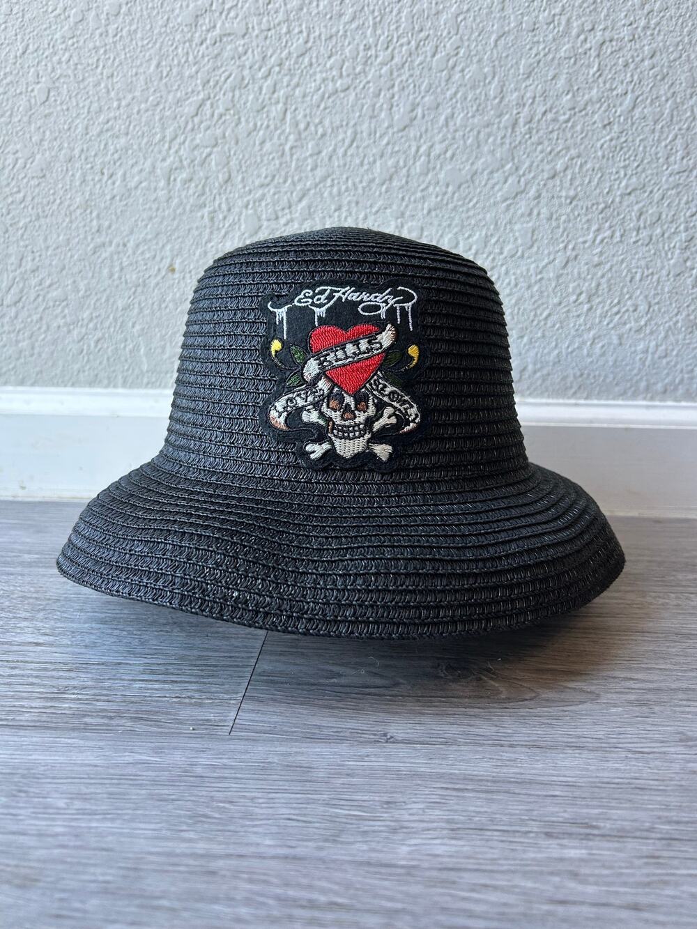 Ed Hardy Love Kills Slowly Woven Paper Straw Bucket Hat Sun Beach Summer O/S